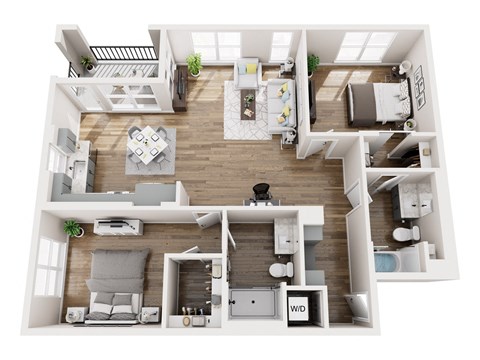 A 3D floor plan of a house with a living room, kitchen, and two bedrooms.